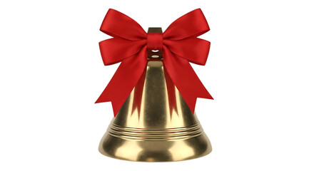 A shiny golden christmas bell adorned with a vibrant red velvet bow isolated on transparent background