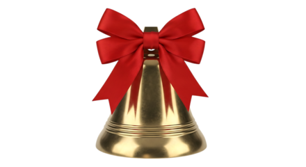 A shiny golden christmas bell adorned with a vibrant red velvet bow isolated on transparent background