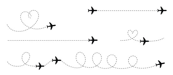 Flying airplane icons with dotted route paths featuring looping, curved, spiral, and heart-shaped traces — ideal for travel posters, holiday graphics, navigation maps, and tourism branding.