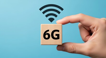 Future 6g wireless network concept with hand holding wooden cube