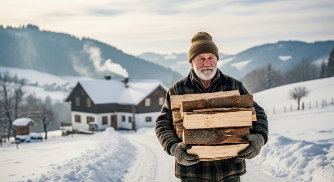 an elderly man carries firewood in his hands