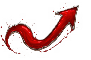 Red arrow moving up, liquid red growth, increasing success direction, abstract upward splash