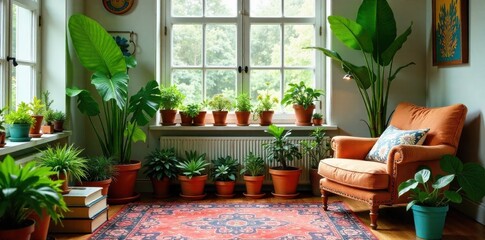 Cozy Bohemian Reading Nook with Plants and Eclectic Decor A cozy bohemian reading nook filled with lush green plants of various sizes. Features comfortable floor cushions or a small armchair with