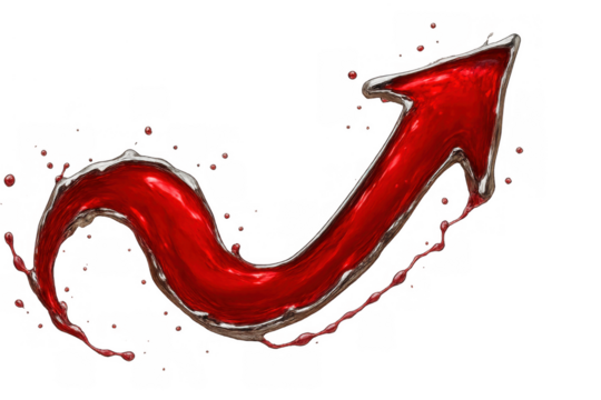 Red arrow moving up, liquid red growth, increasing success direction, abstract upward splash