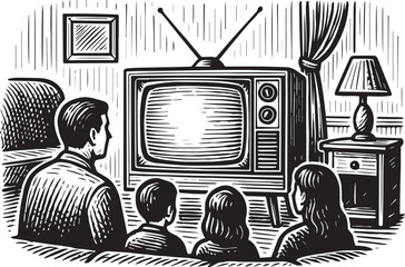 family watching TV vintage vector illustration