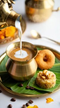 Milk pouring into traditional brass cup, South Indian festival cuisine, aromatic coffee, savory vada breakfast, festive setting with banana leaf, cultural celebration meal, vibrant dining experience