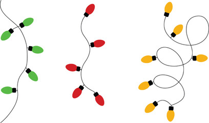 Christmas lights string vector set. Colorful holiday garland collection with red, green, and yellow bulbs on straight and tangled wires, isolated for festive party decorations