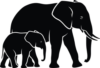 Silhouette of African elephants walking together, parent and baby, wildlife vector for nature, safari, conservation, and animal themes