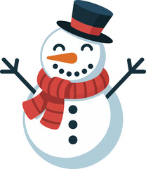 Cute cartoon snowman character wearing a top hat and red scarf. Happy winter Christmas figure, flat vector illustration isolated for holiday greeting card design