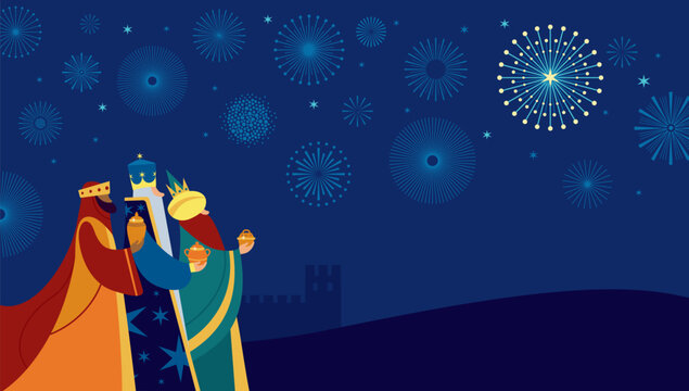 Three Wise Men Melchior, Balthazar and Gaspar Following the Star. Los Reyes Magos.