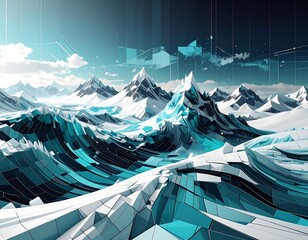 Geometric rendering of snow-capped mountains with digital, teal, and white mosaic patterns