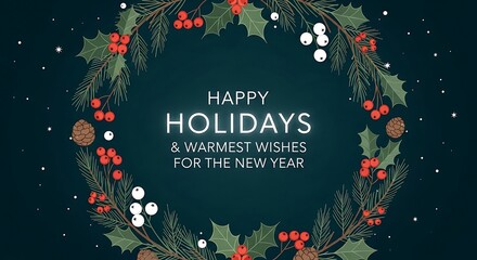 Happy holidays wreath with pine cones and berries wishing new year