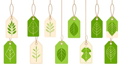 Illustration of several paper gift tags with leaf designs, strung on twine, a green and off-white color scheme