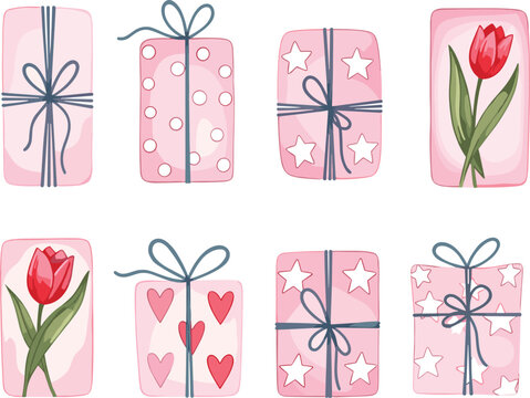 Pink gift boxes set with red tulips and hearts, cute hand drawn wrapped presents for holiday celebration vector illustration