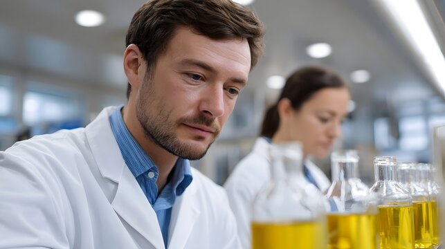 Two scientists in white coats intently examining yellow liquid in glass bottles within a brightly lit modern laboratory