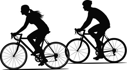 Obraz premium Silhouette of two cyclists riding road bikes in motion, showcasing outdoor activity, fitness, transportation, sports lifestyle, and teamwork theme.