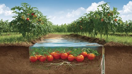 Illustration depicts cross-section of subsurface water flow nourishing row crops with developing fruit