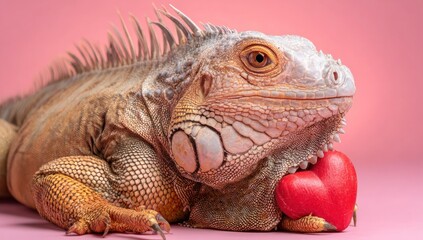 Close-up of a large iguana with heart, set against a smooth, pink backdrop