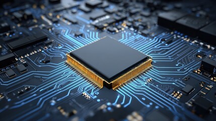 Central processing component illuminates intricate digital pathways on a dark printed circuit board