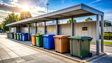 Recycle bins under metal overhang, suitable for environmental, recycling, waste management, or sustainability concepts in design projects.