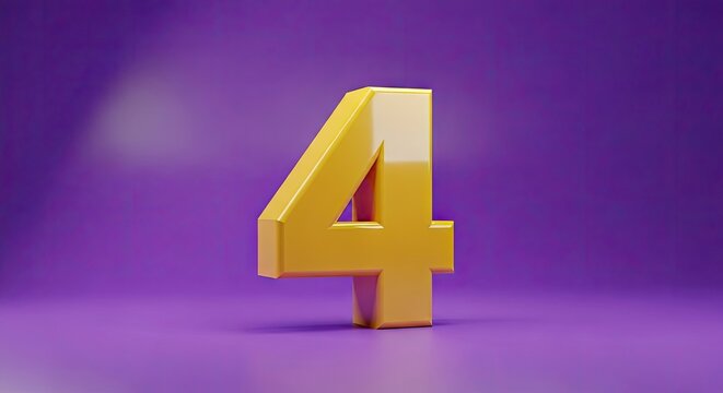 Golden shiny 3d number four on a vibrant purple background.