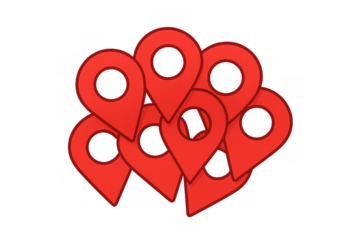 Red map pins creating a destination cluster, showing multiple locations, navigation, and global positioning