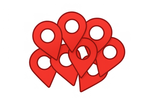 Red map pins creating a destination cluster, showing multiple locations, navigation, and global positioning