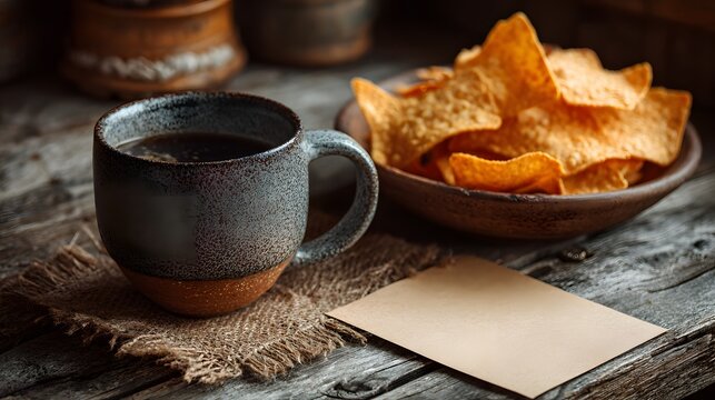 Cozy and casual snack scene with a mug full of crispy nacho chips on a rustic wooden table, with a blank piece of paper for a personal note.