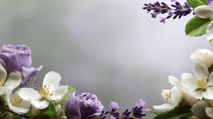 Delicate composition featuring purple roses, white blossoms, and lavender sprigs forming a natural border against a soft background