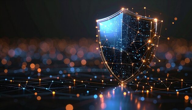 Cyber Shield with Orange and Blue Network Lights