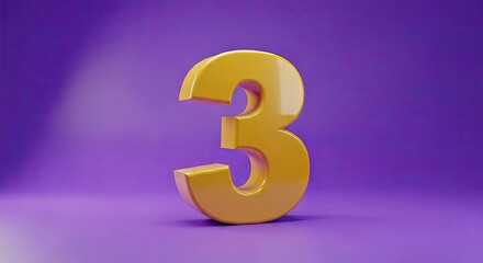 Golden three-dimensional number 3 on a vibrant purple background