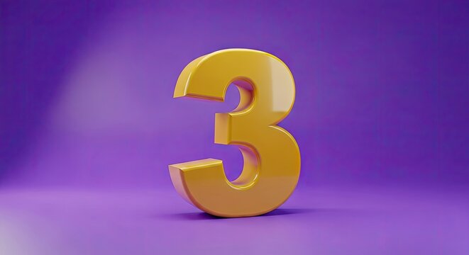 Golden three-dimensional number 3 on a vibrant purple background