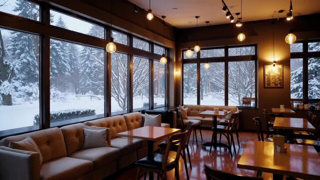 Cozy cafe interior with large windows, wooden tables, soft lighting, snowy winter landscape outside, warm inviting atmosphere, snow falling gently
