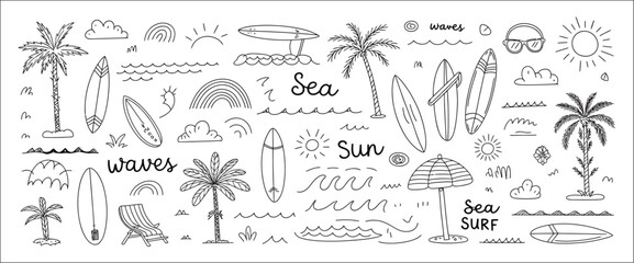 Cute hand-drawn surf and beach icon pack with tropical palm trees, ocean waves, surfboards, sunshine, and seashells — perfect for fun summer prints, posters, stickers, and creative seaside designs.