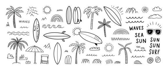 Hand-drawn doodle beach and surf icon set featuring palm trees, waves, surfboards, shells, and sun symbols — perfect for summer graphics, t-shirt prints, posters, and coastal design projects.