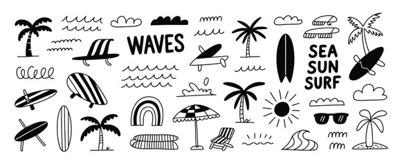 Hand-drawn doodle beach and surf icon set featuring palm trees, waves, surfboards, shells, and sun symbols — perfect for summer graphics, t-shirt prints, posters, and coastal design projects.