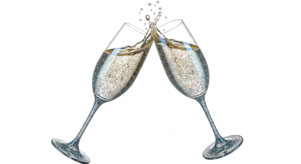 Two glitter champagne glasses toasting
