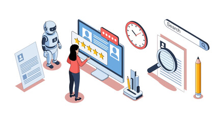 ai-driven hr management woman operates a digital review system with a robot depicting business automation and efficient recruitment.