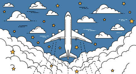airplane ascending through fluffy white clouds towards a starlit blue sky an illustration of global travel and new adventures