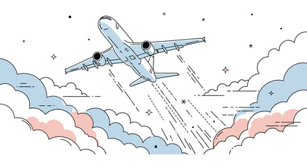 airplane flying through clouds in a minimalist line art illustration depicting travel aviation journey and aspiration.