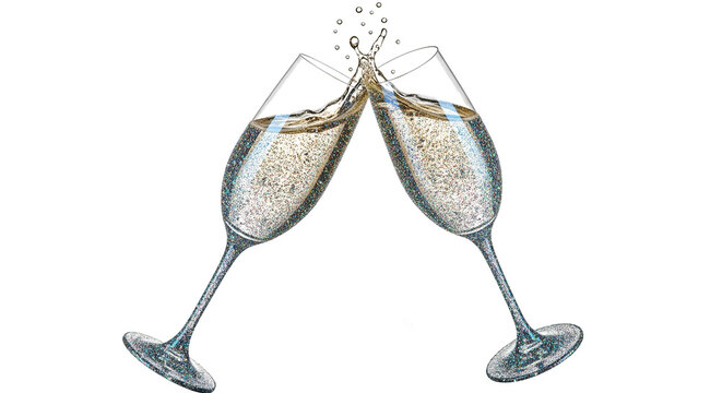 Two glitter champagne glasses toasting