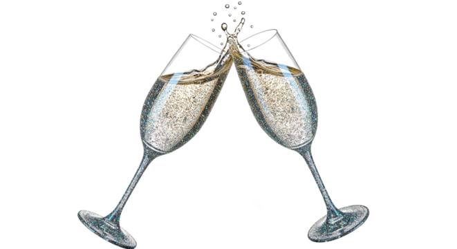 Two glitter champagne glasses toasting