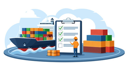 a worker inspects a checklist near a cargo ship loaded with shipping containers illustrating global logistics and supply chain processes.