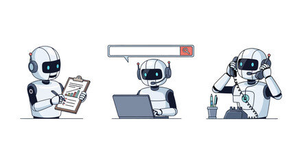 ai assistant robots performing business analysis customer support and communication representing automation and the digital workforce.