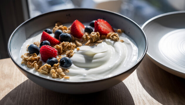 Premium Greek Yogurt Bowl with Berries and Granola — Morning Light Food Photography - Powered by Adobe