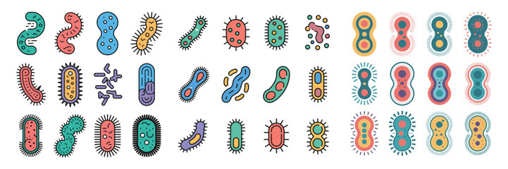 Colorful collection of various bacteria and germs types for science study