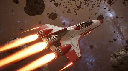 Futuristic spaceship with glowing engines navigating through an asteroid field