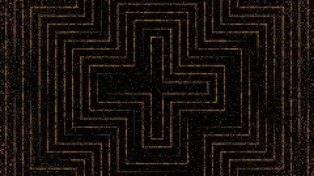Abstract led flashing lights panel backdrop set, geometric circuit light pattern forming a symmetric cross maze, seamless loop video animation. Bulb, lamps, lights motion graphics.