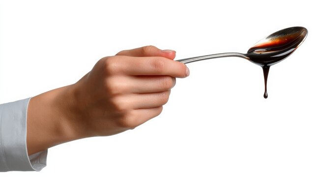 Hand holding a spoon with dripping coffee or syrup against a white background, focused on the action of stirring