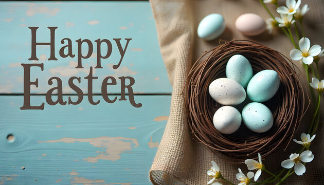 Shabby Chic Easter Greeting Card with Eggs and Wooden Blue Background